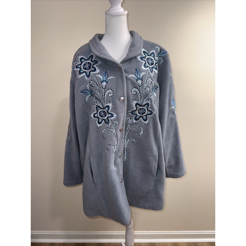 Bob Mackie Wearable Art Button Front Embroidered Fleece Jacket Women's Size 1X